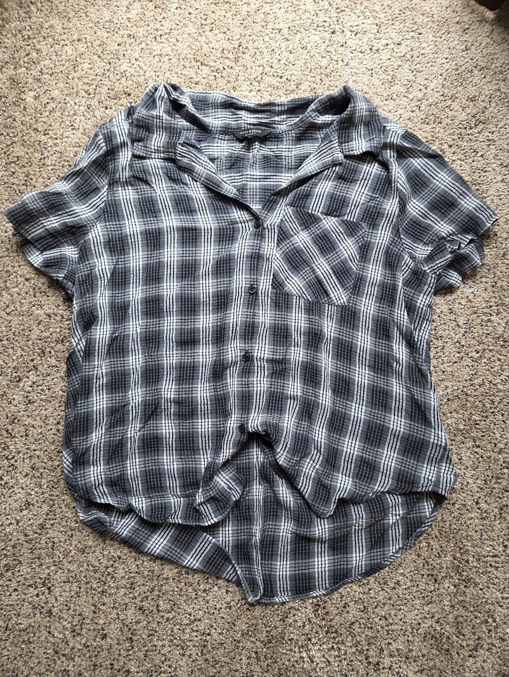 Women’s Black & White Plaid Button-Front Short Sleeve Top